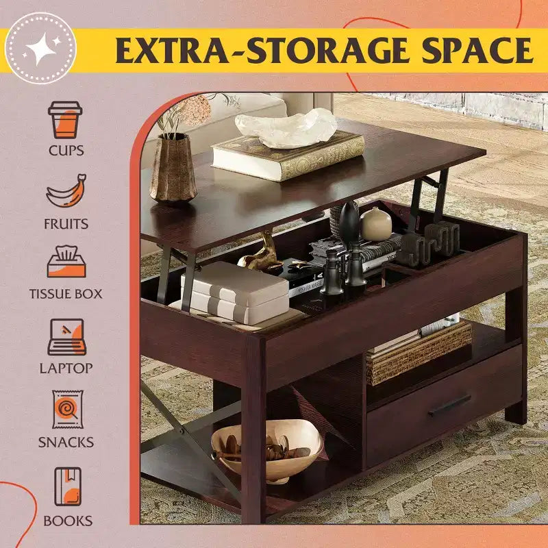 DEXYLLO Coffee Table 39 Lift Top Coffee Table with Hidden Compartment, Storage Drawers and Storage Shelf for Living Room, Reception Room