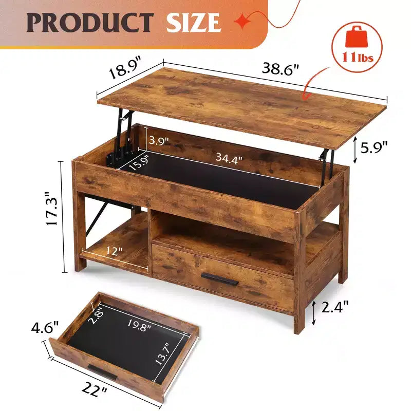 DEXYLLO Coffee Table 39 Lift Top Coffee Table with Hidden Compartment, Storage Drawers and Storage Shelf for Living Room, Reception Room