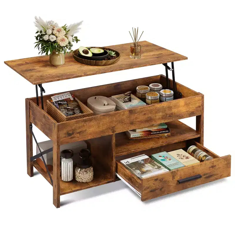 DEXYLLO Coffee Table 39 Lift Top Coffee Table with Hidden Compartment, Storage Drawers and Storage Shelf for Living Room, Reception Room