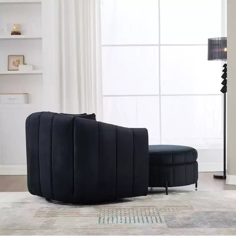 GDFStudio Adam 40.35W Oversized Velvet Channel Tufted Swivel Chair and Storage Ottoman Sets