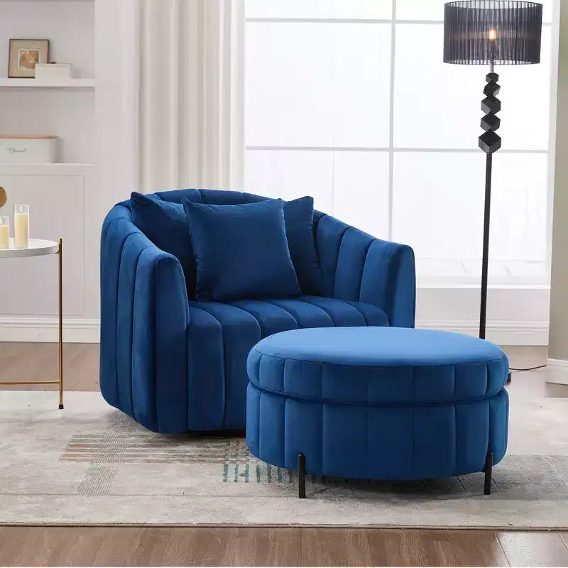 GDFStudio Adam 40.35W Oversized Velvet Channel Tufted Swivel Chair and Storage Ottoman Sets