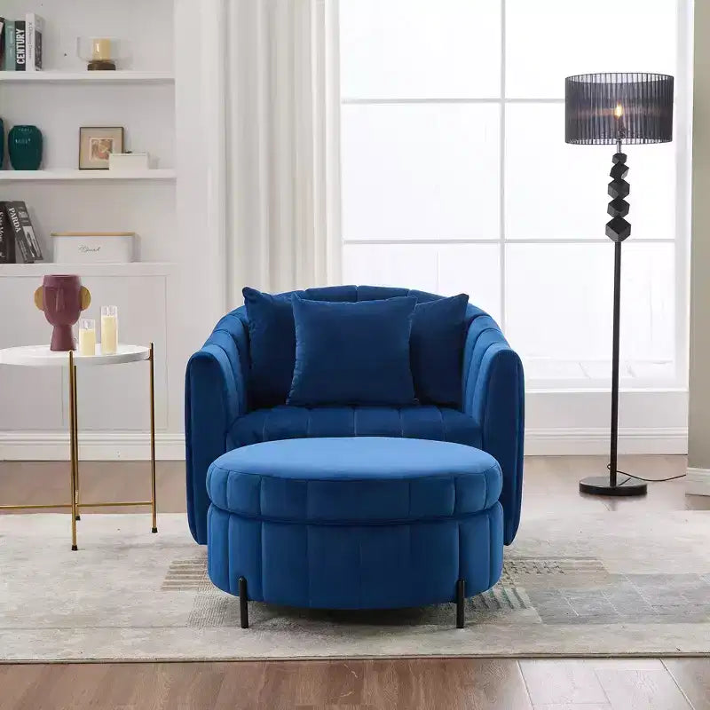 GDFStudio Adam 40.35W Oversized Velvet Channel Tufted Swivel Chair and Storage Ottoman Sets