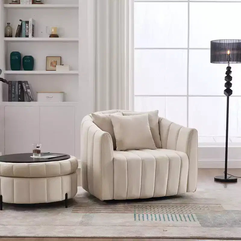 GDFStudio Adam 40.35W Oversized Velvet Channel Tufted Swivel Chair and Storage Ottoman Sets