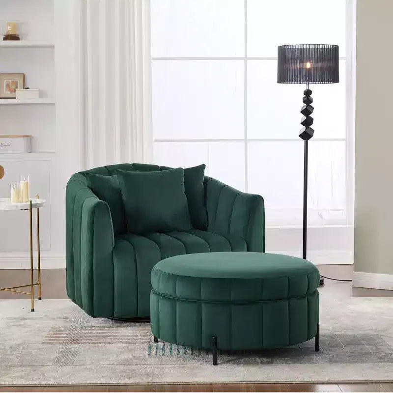 GDFStudio Adam 40.35W Oversized Velvet Channel Tufted Swivel Chair and Storage Ottoman Sets