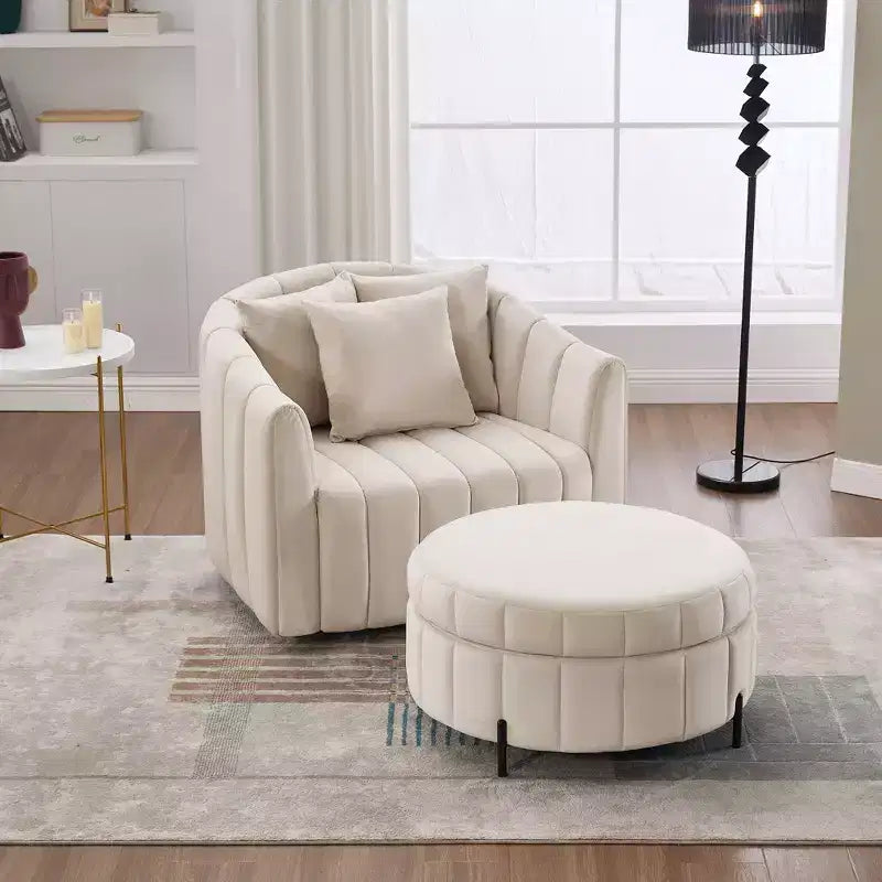 GDFStudio Adam 40.35W Oversized Velvet Channel Tufted Swivel Chair and Storage Ottoman Sets