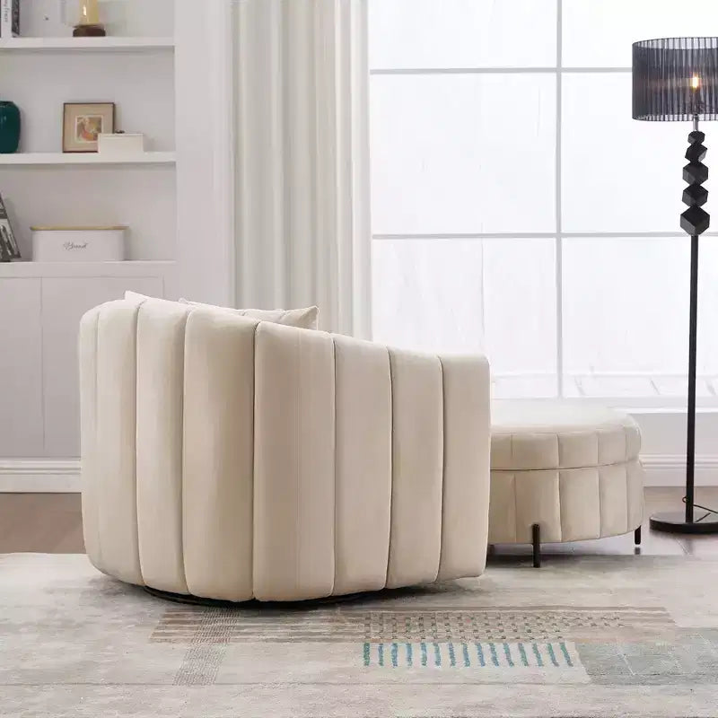 GDFStudio Adam 40.35W Oversized Velvet Channel Tufted Swivel Chair and Storage Ottoman Sets