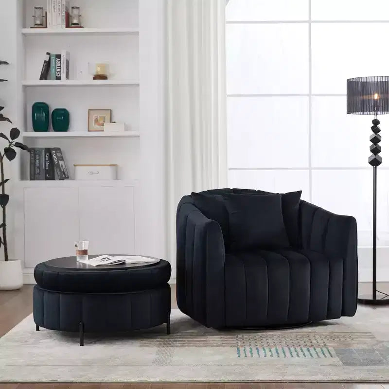 GDFStudio Adam 40.35W Oversized Velvet Channel Tufted Swivel Chair and Storage Ottoman Sets