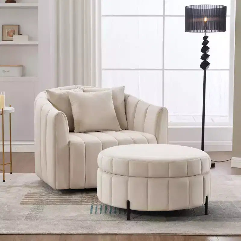 GDFStudio Adam 40.35W Oversized Velvet Channel Tufted Swivel Chair and Storage Ottoman Sets