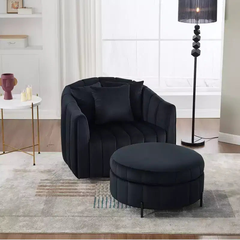 GDFStudio Adam 40.35W Oversized Velvet Channel Tufted Swivel Chair and Storage Ottoman Sets
