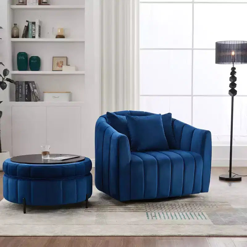 GDFStudio Adam 40.35W Oversized Velvet Channel Tufted Swivel Chair and Storage Ottoman Sets