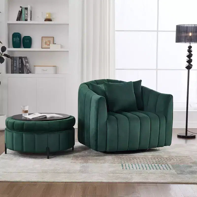 GDFStudio Adam 40.35W Oversized Velvet Channel Tufted Swivel Chair and Storage Ottoman Sets