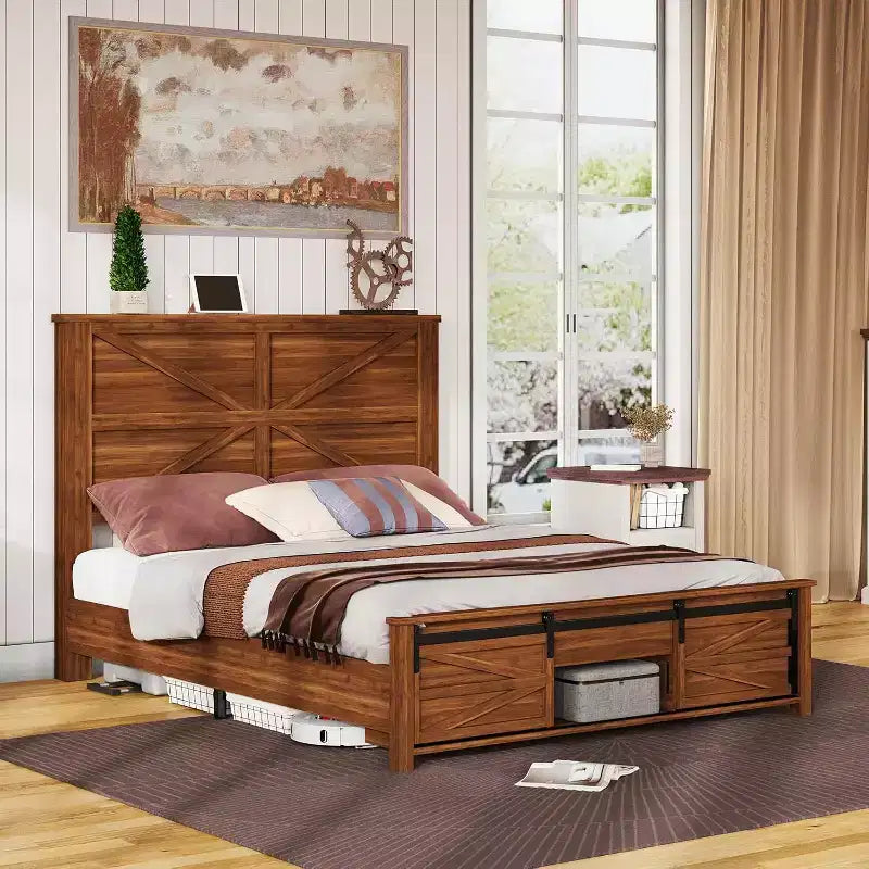 AMERLIFE Farmhouse Size Bed Frame with Sliding Barn Door Storage