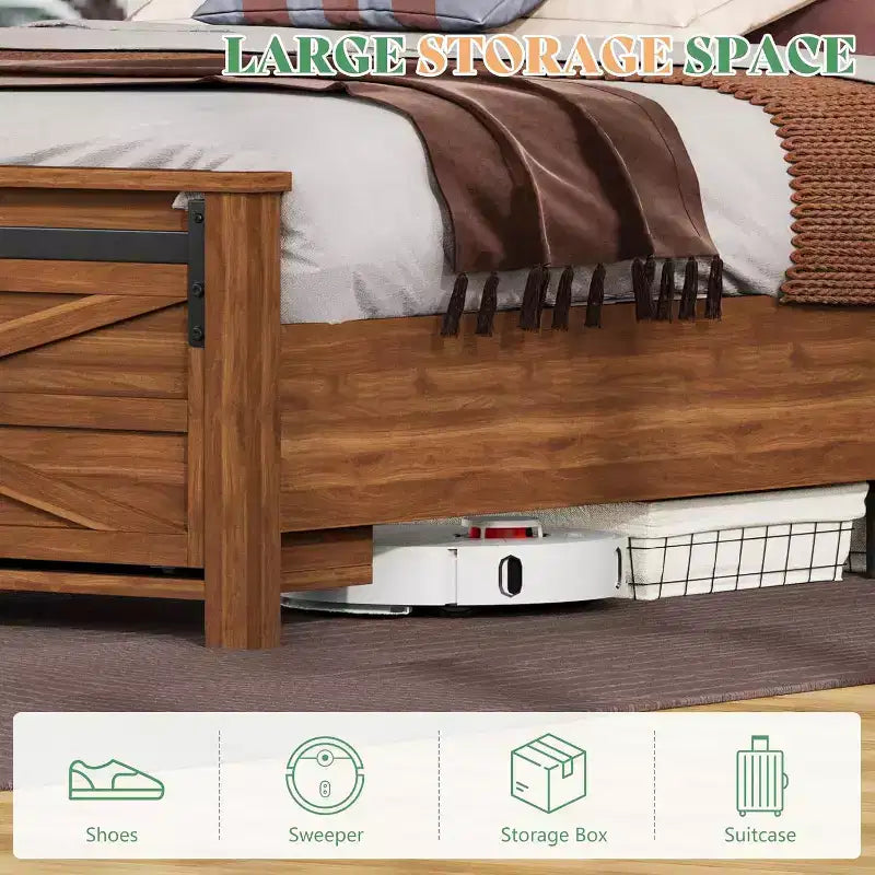 AMERLIFE Farmhouse Size Bed Frame with Sliding Barn Door Storage