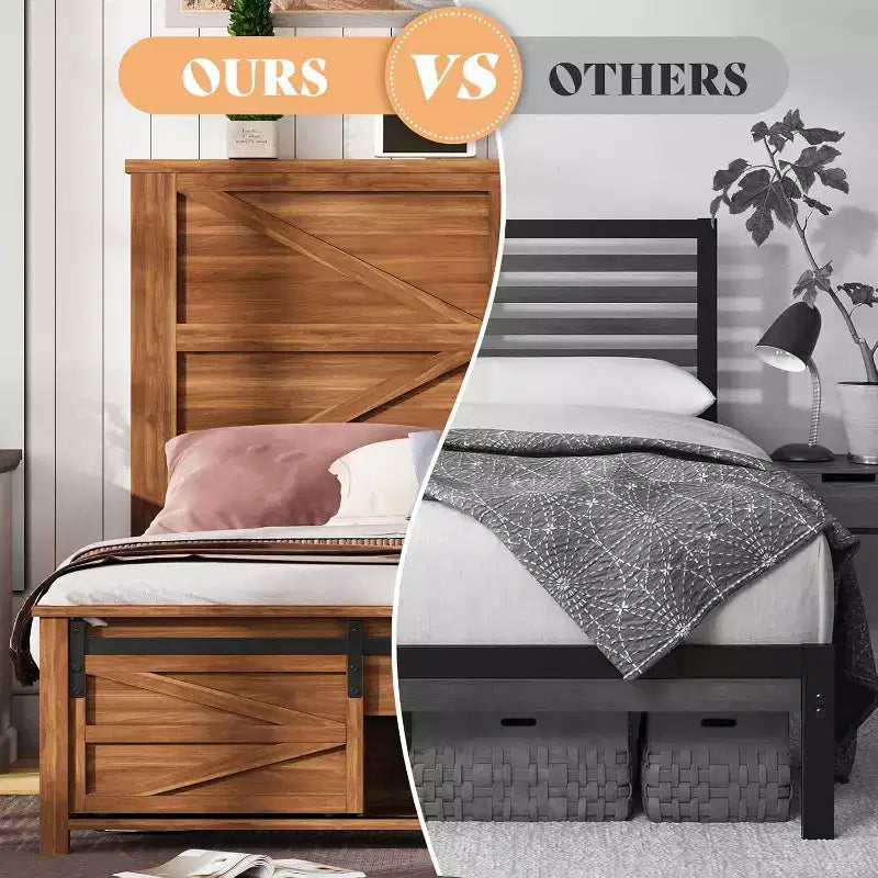 AMERLIFE Farmhouse Size Bed Frame with Sliding Barn Door Storage