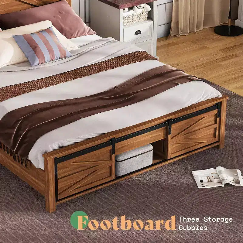 AMERLIFE Farmhouse Size Bed Frame with Sliding Barn Door Storage