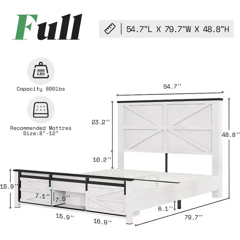 AMERLIFE Farmhouse Size Bed Frame with Sliding Barn Door Storage