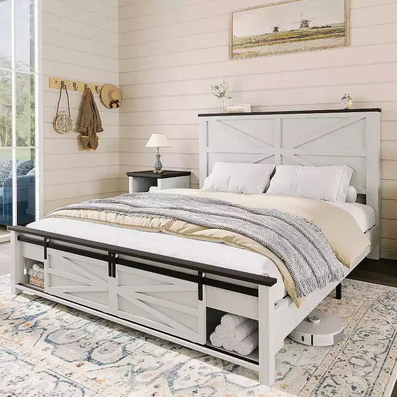 AMERLIFE Farmhouse Size Bed Frame with Sliding Barn Door Storage