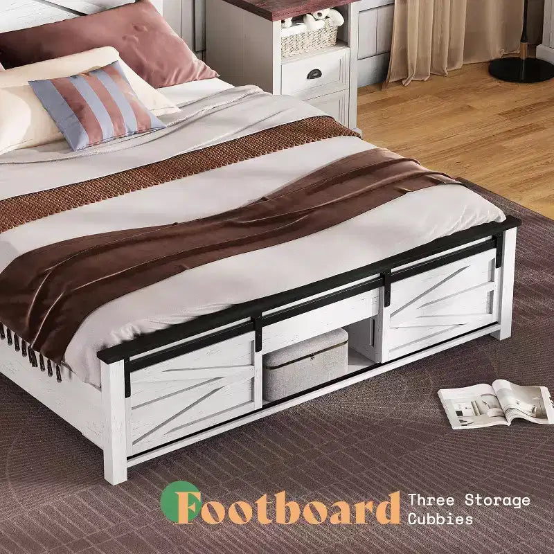 AMERLIFE Farmhouse Size Bed Frame with Sliding Barn Door Storage