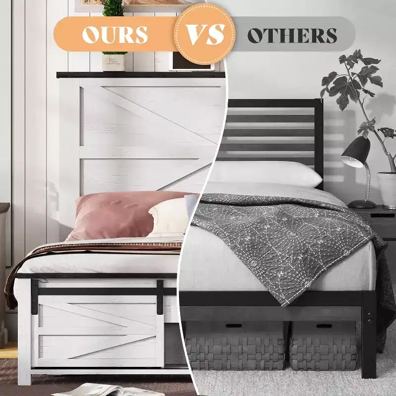 AMERLIFE Farmhouse Size Bed Frame with Sliding Barn Door Storage