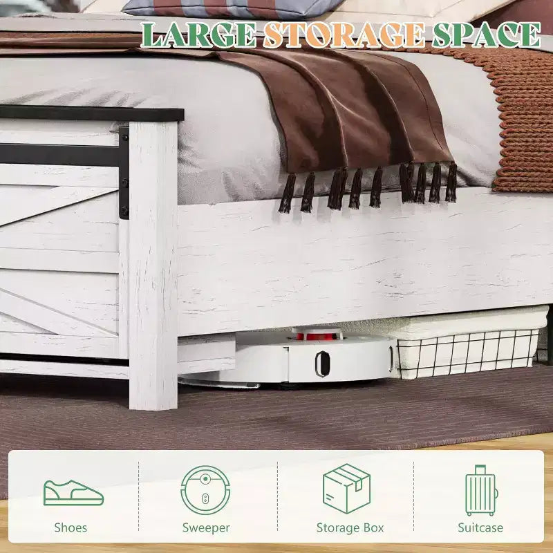 AMERLIFE Farmhouse Size Bed Frame with Sliding Barn Door Storage