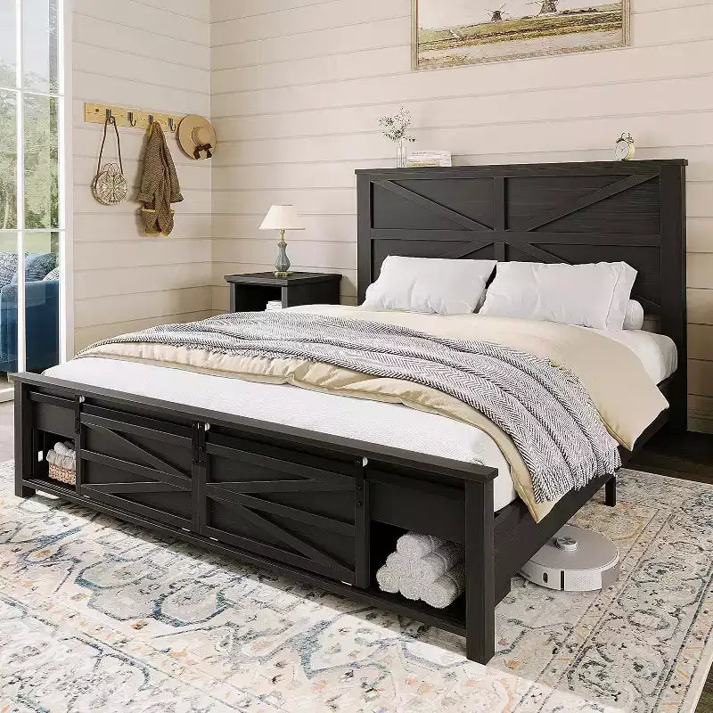 AMERLIFE Farmhouse Size Bed Frame with Sliding Barn Door Storage