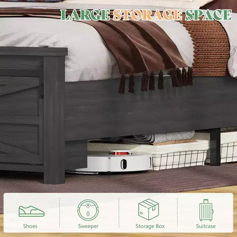 AMERLIFE Farmhouse Size Bed Frame with Sliding Barn Door Storage