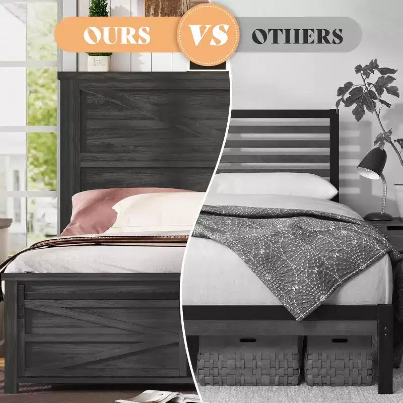 AMERLIFE Farmhouse Size Bed Frame with Sliding Barn Door Storage