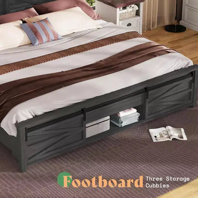AMERLIFE Farmhouse Size Bed Frame with Sliding Barn Door Storage