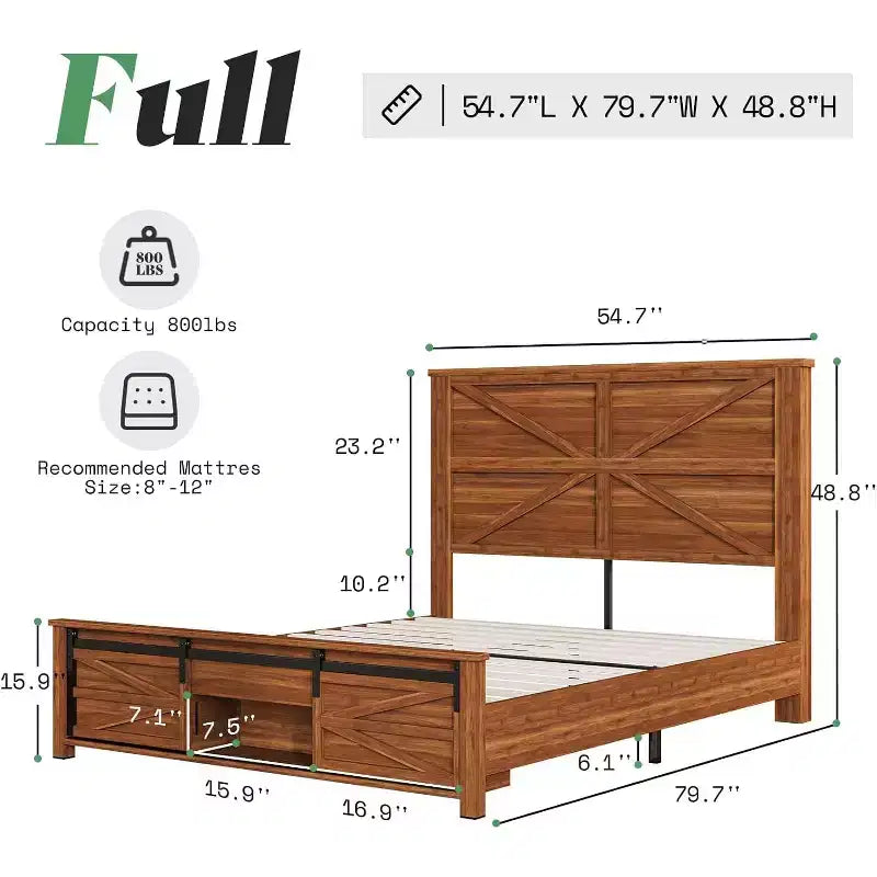 AMERLIFE Farmhouse Size Bed Frame with Sliding Barn Door Storage