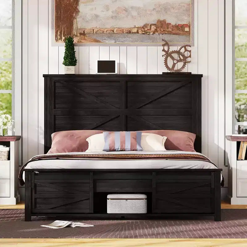 AMERLIFE Farmhouse Size Bed Frame with Sliding Barn Door Storage