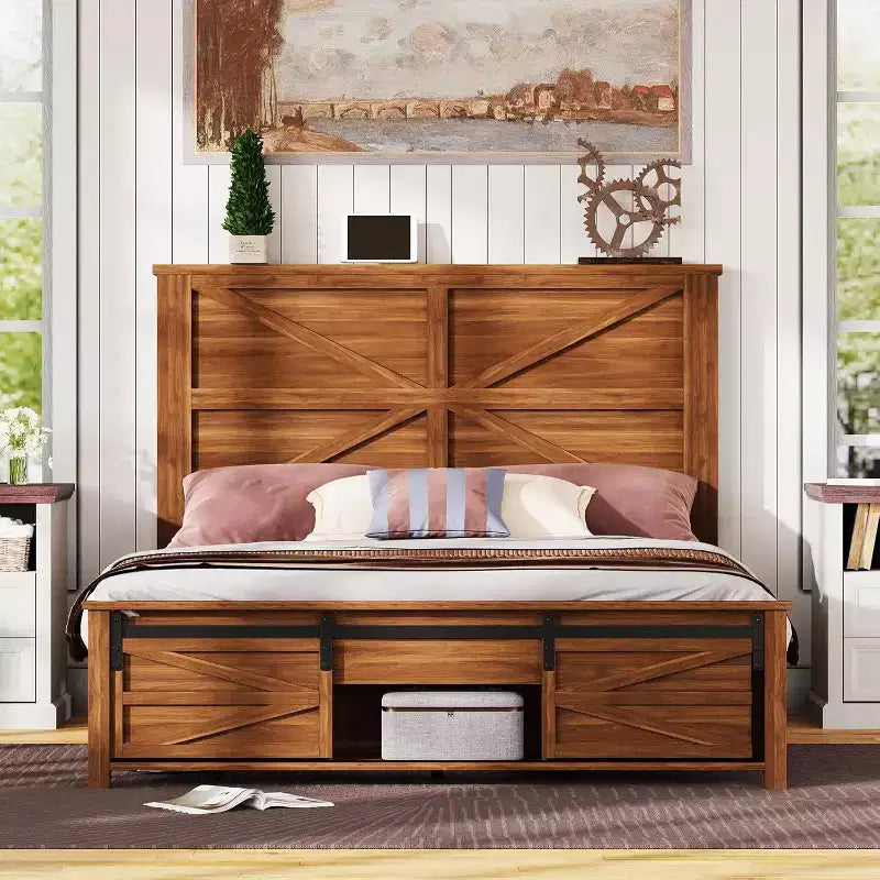 AMERLIFE Farmhouse Size Bed Frame with Sliding Barn Door Storage