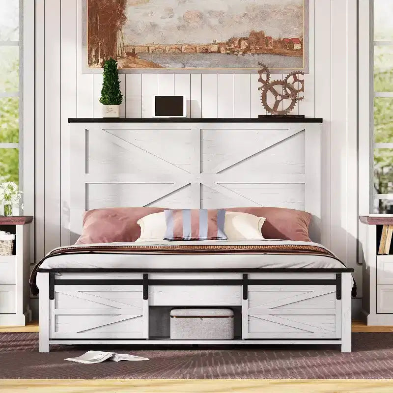 AMERLIFE Farmhouse Size Bed Frame with Sliding Barn Door Storage