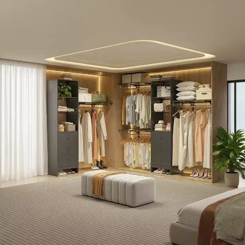 MAYEERTY Gray 96x16x75 High-Capacity Wardrobe Rack - 3 Drawers, Shelves, Expandable Rods, Stylish & Durable