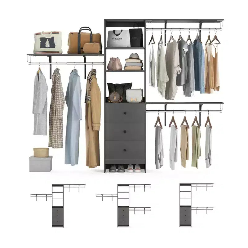 MAYEERTY Gray 96x16x75 High-Capacity Wardrobe Rack - 3 Drawers, Shelves, Expandable Rods, Stylish & Durable