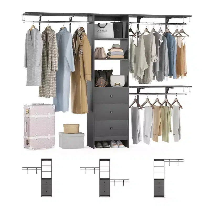 MAYEERTY Gray 96x16x75 High-Capacity Wardrobe Rack - 3 Drawers, Shelves, Expandable Rods, Stylish & Durable