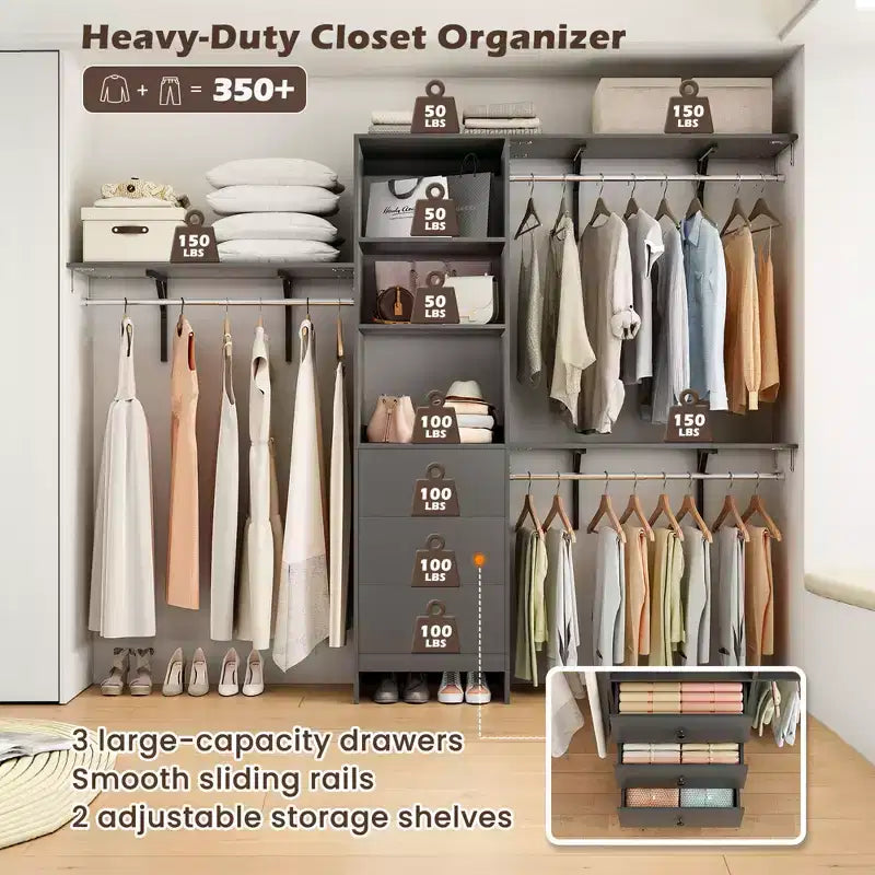 MAYEERTY Gray 96x16x75 High-Capacity Wardrobe Rack - 3 Drawers, Shelves, Expandable Rods, Stylish & Durable