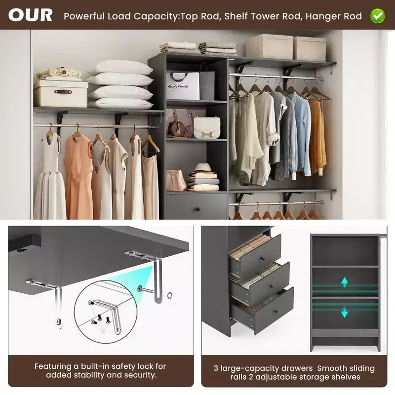 MAYEERTY Gray 96x16x75 High-Capacity Wardrobe Rack - 3 Drawers, Shelves, Expandable Rods, Stylish & Durable