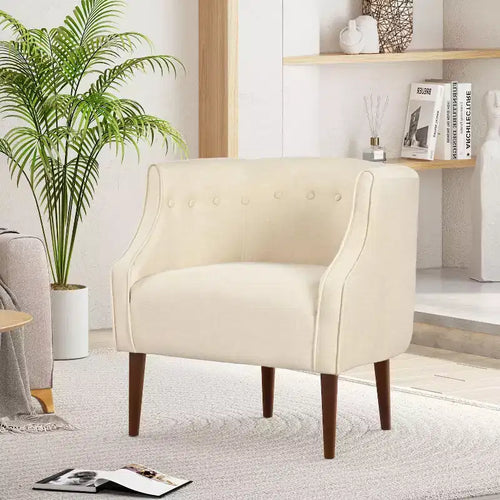 Okak Fabric Accent Chair Button-Tufted Barrel Chair with Upholstered Elegant Club Chair with Birch Wood Legs for Living Room Bedroom