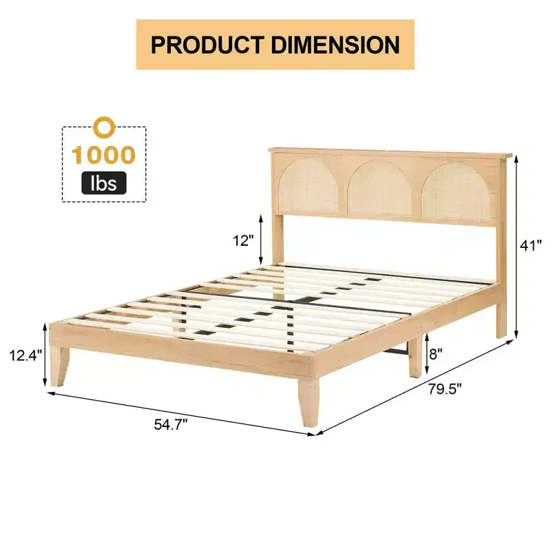 COZONY Wooden Bed Frame with Rattan Headboard & LED Lights, Boho Full Size Bed with Storage, Noise Free