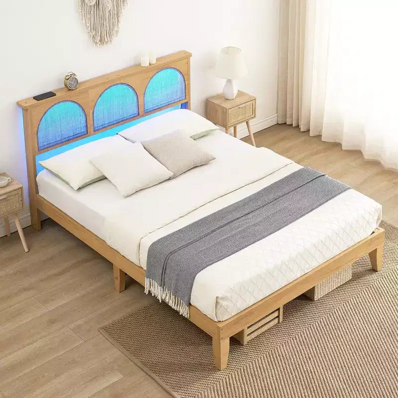 COZONY Wooden Bed Frame with Rattan Headboard & LED Lights, Boho Full Size Bed with Storage, Noise Free