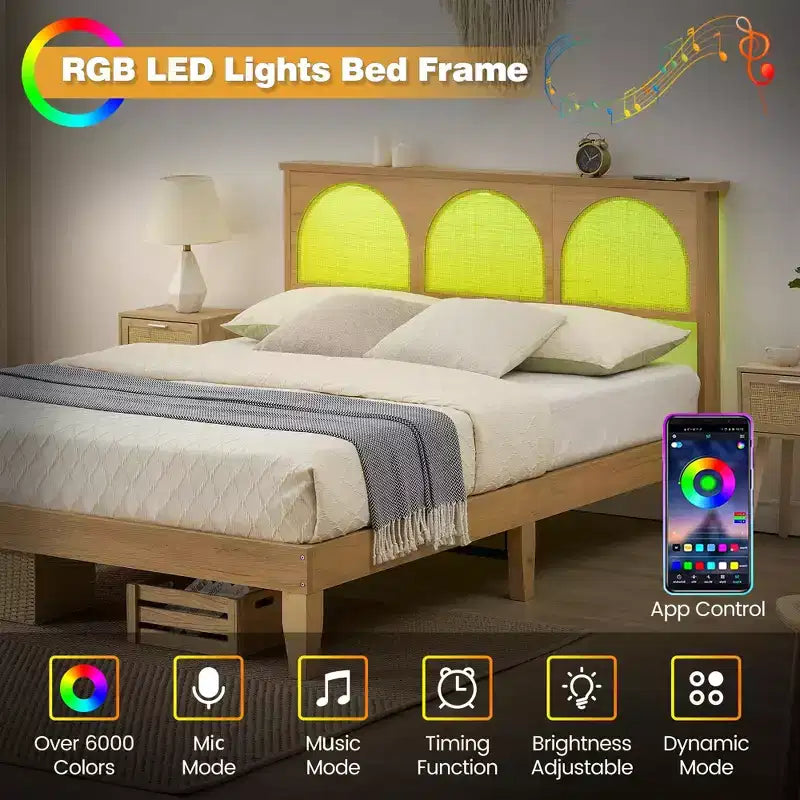 COZONY Wooden Bed Frame with Rattan Headboard & LED Lights, Boho Full Size Bed with Storage, Noise Free