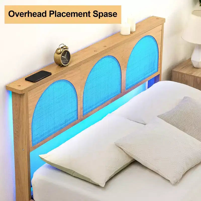COZONY Wooden Bed Frame with Rattan Headboard & LED Lights, Boho Full Size Bed with Storage, Noise Free