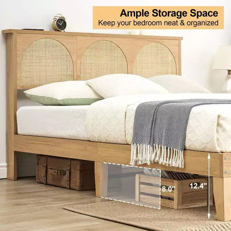 COZONY Wooden Bed Frame with Rattan Headboard & LED Lights, Boho Full Size Bed with Storage, Noise Free