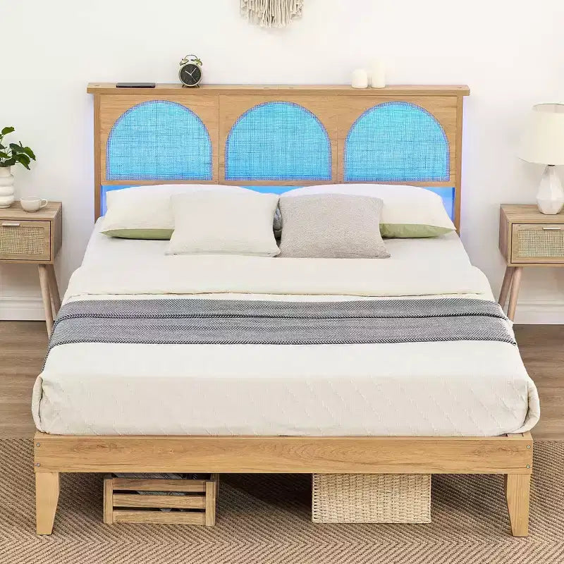 COZONY Wooden Bed Frame with Rattan Headboard & LED Lights, Boho Full Size Bed with Storage, Noise Free