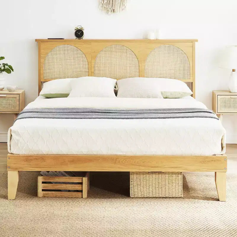 COZONY Wooden Bed Frame with Rattan Headboard & LED Lights, Boho Full Size Bed with Storage, Noise Free
