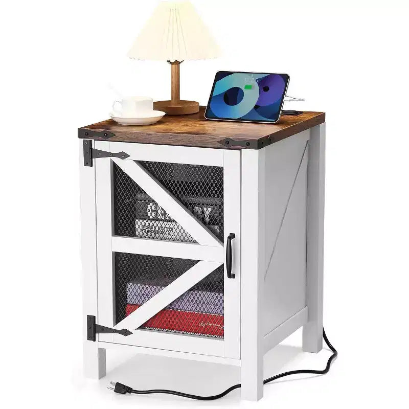 Farmhouse End Table, Rustic Nightstand with Adjustable Storage Shelf, Wood Night Stand Sofa Side Table for Living Room Bedrom, White