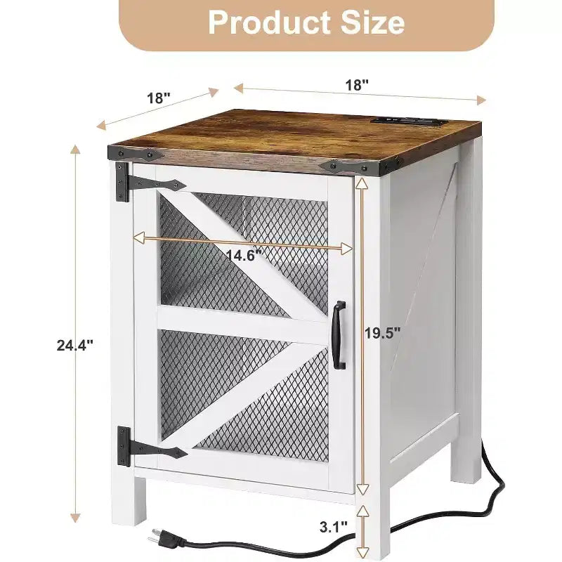Farmhouse End Table, Rustic Nightstand with Adjustable Storage Shelf, Wood Night Stand Sofa Side Table for Living Room Bedrom, White