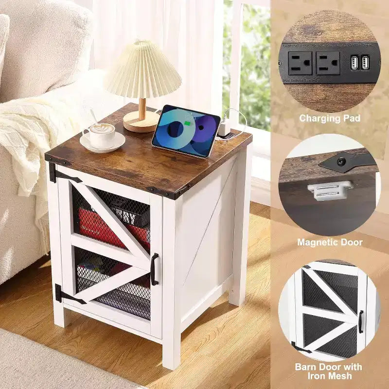 Farmhouse End Table, Rustic Nightstand with Adjustable Storage Shelf, Wood Night Stand Sofa Side Table for Living Room Bedrom, White
