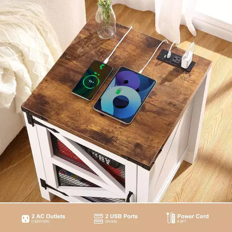 Farmhouse End Table, Rustic Nightstand with Adjustable Storage Shelf, Wood Night Stand Sofa Side Table for Living Room Bedrom, White