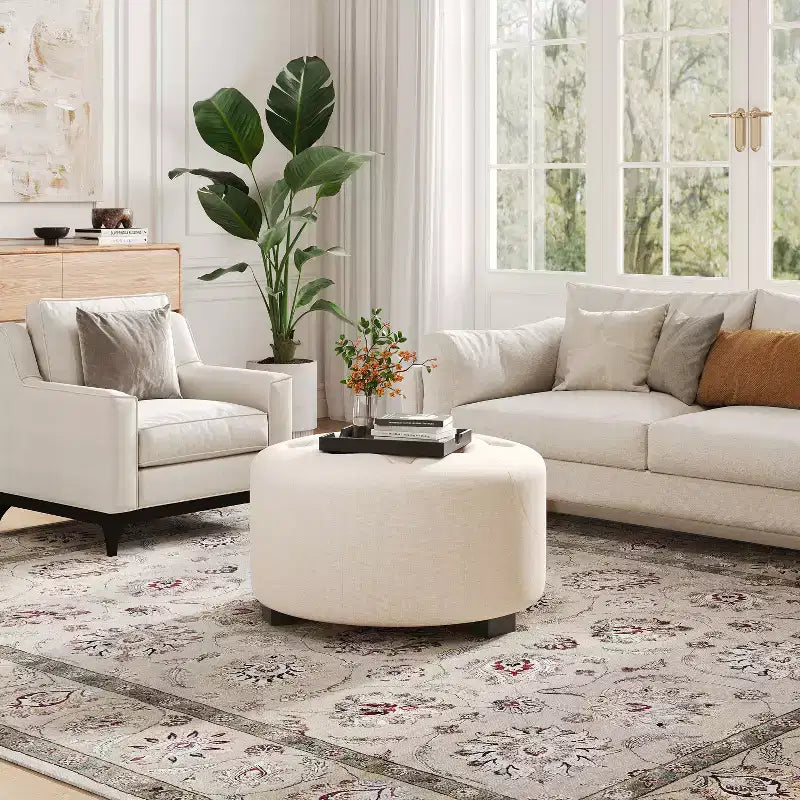 TUYOHW Modern Round Ottoman with Button Tufted Upholstered Versatile Footstool with Wooden Legs Clould Shoe Bench for Living Room, Entryway